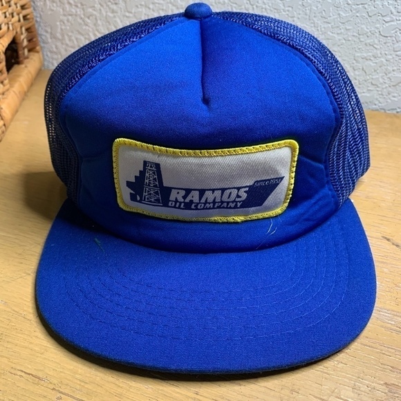 𝅺RAMOS Oil Company Vintage Patch Snapback Hat Blue Yellow White By K-Products - Picture 1 of 10